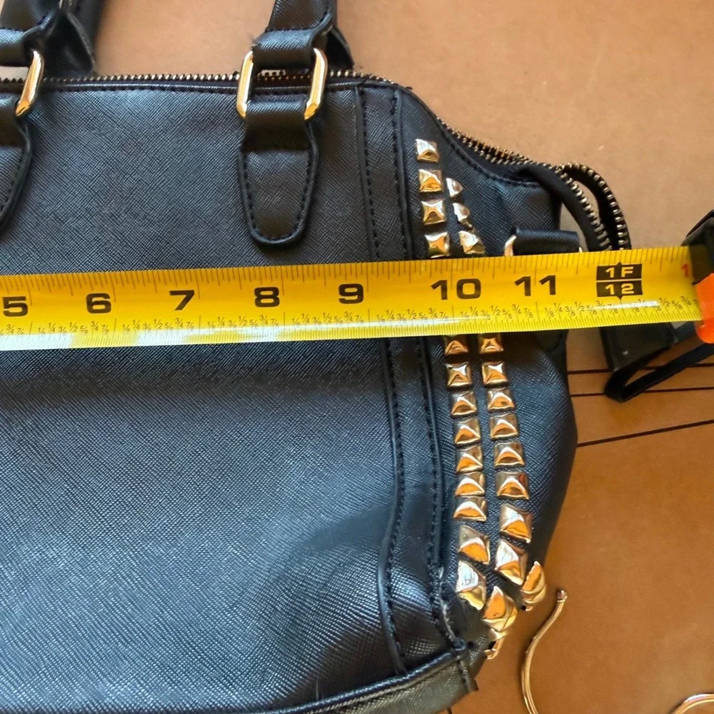 Unbranded Black Studded Satchel Handbag Gold Pyramid Studs Zebra Lining Rocker